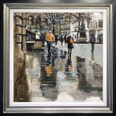 David Coulter St Anne's Square, Orange Coat in Rain Original Painting for sale