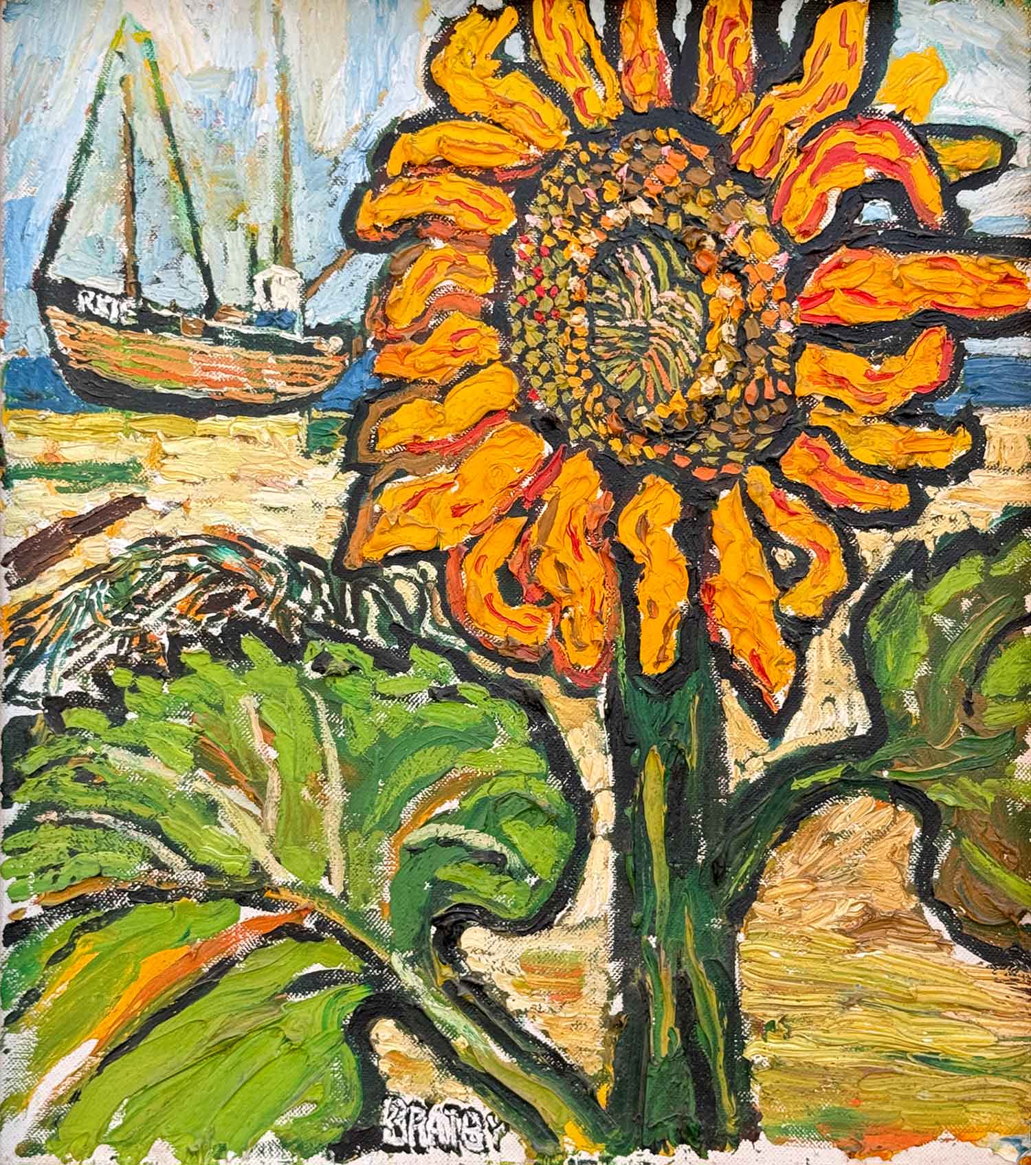 John Bratby - Sunflowers & Riverboat